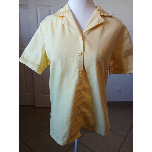 Rebecca Malone Shirt Women Small Yellow Linen Blend ButtonUp VNeck Short Sleeve - Picture 1 of 14